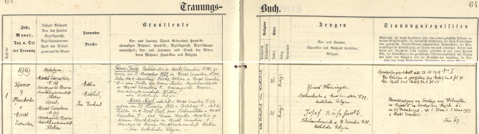 V lednu roku 1919 se podle tohoto záznamu železnorudské oddací matriky oženil s Marií Saglovou