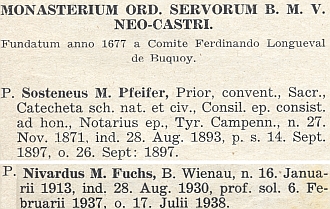 Záznamy Pfeifera a Fuchse mezi členy řádu servitů ze stránek diecézního katalogu z roku 1939