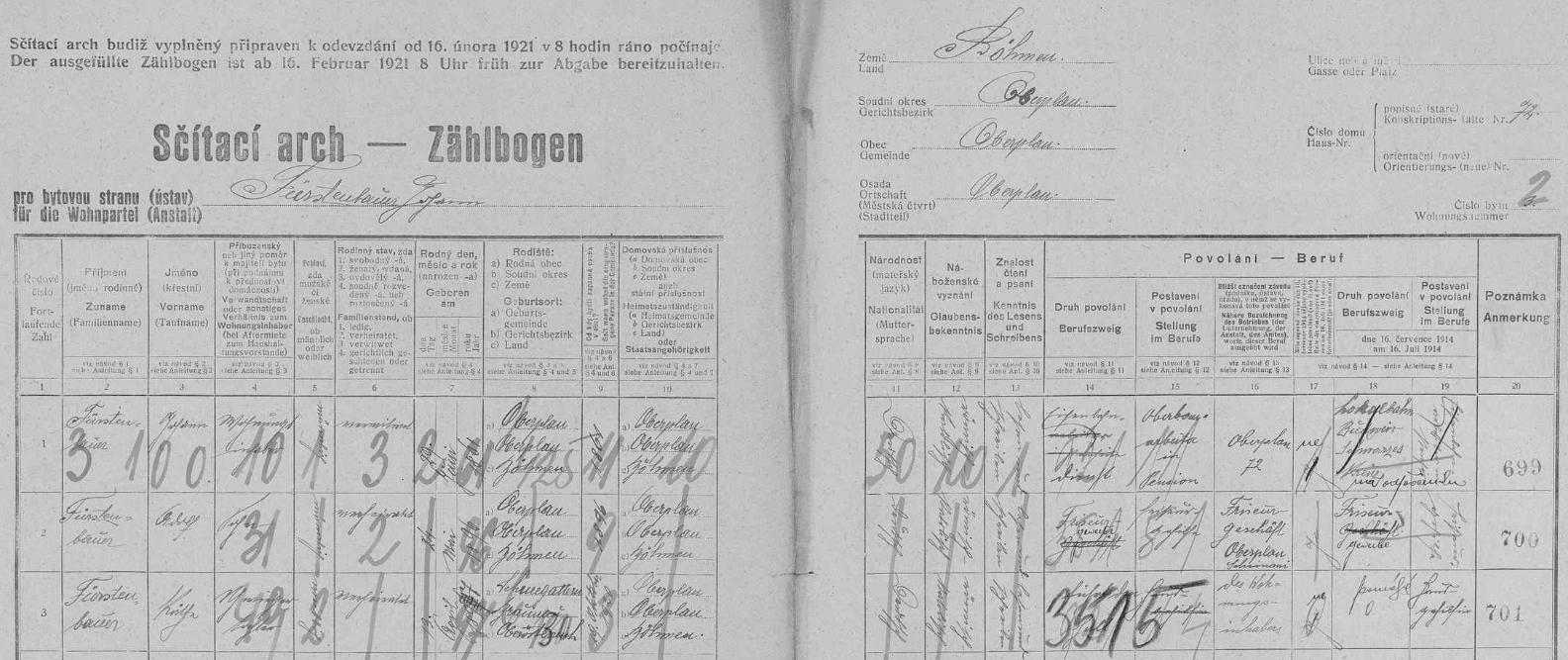 Arch sčítání lidu z února 1921 pro dům v Horní Plané čp. 72, kde žil (s českou poznámkou "na odpočinku") vrchní stavební dělník na železniční trati České Budějovice - Černý Kříž, tehdy už ovdovělý Johann Fürstenbauer (*29. června 1861 v Horní Plané) se synem Adolfem, působícím v hornoplánském holičství Josefa Schimaniho, a se snachou Käthe (*13. dubna 1897 v hornorakouské vsi Schneegattern, dnes části obce Lengau), označenou tu jako "Hausgehilfin", tj. pomocnice v domácnosti (i s českým přípisem "pomáhá")