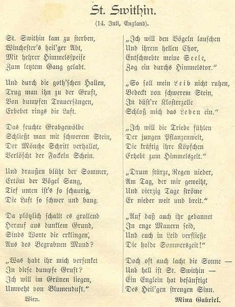 Prachatický časopis Der Böhmerwald otiskl i její báseň o anglickém světci Swithinovi, zaslanou autorkou z Vídně