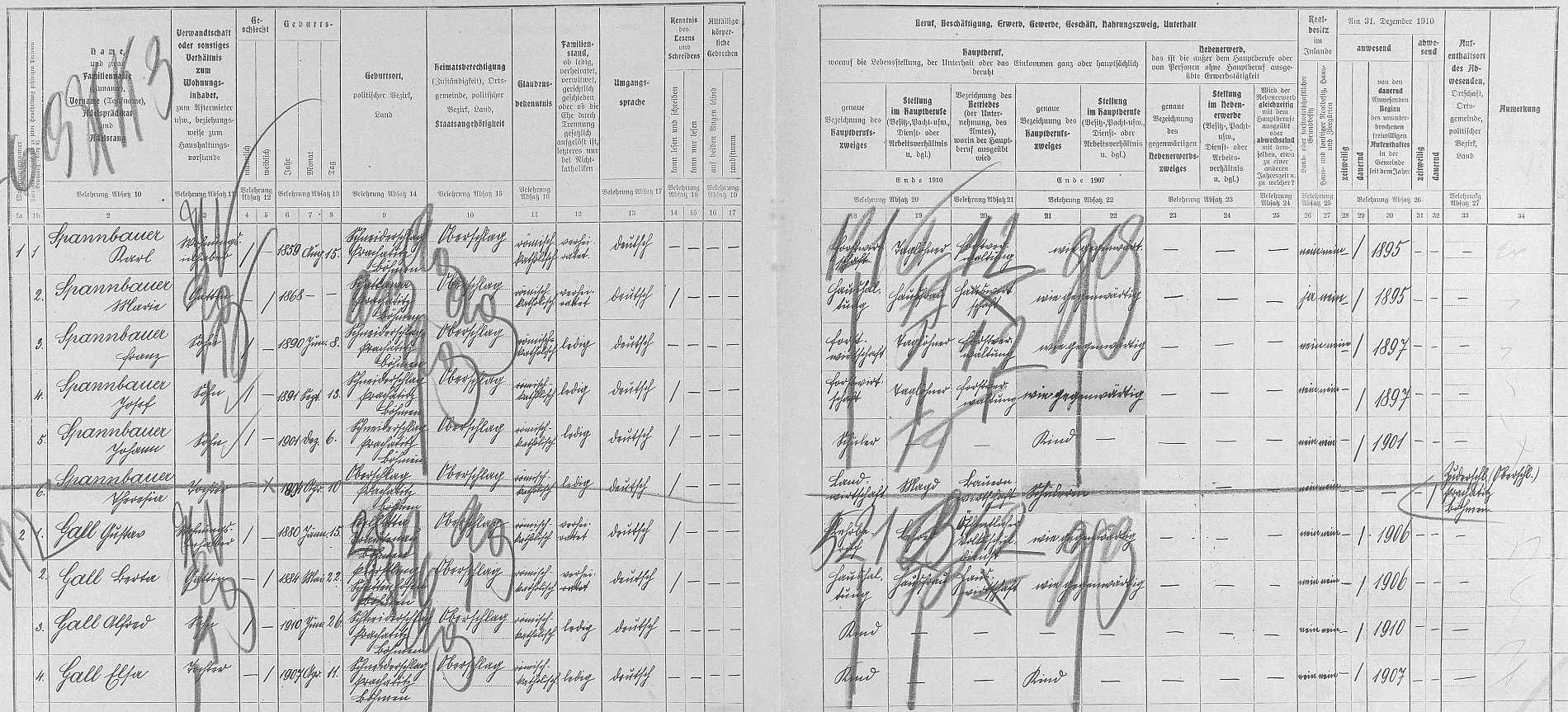 Arch sčítání lidu z roku 1910 pro stavení čp. 14 v Krejčovicích i s ním