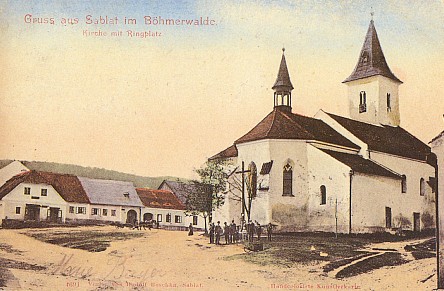 Kostel Stětí sv. Jana Křtitele v Záblatí, kde byl pokřtěn, na pohlednici z r. 1905