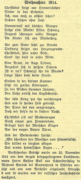 Báseň napsaná 22. listopadu 1914 Gustavem Gallem z Krejčovic u sibiřského Krasnojarsku a ochuzená ruskou cenzurou o dvě sloky