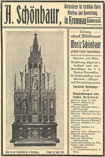 Inzerát krumlovské firmy Schönbaur s detailním snímkem oltáře hřbitovní kaple Panny Marie, zbudovaného v roce 1901