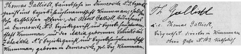 I Thomas Gallistl, jemuž byl roku 1902 na svatbě svědkem, měl vedle otce Alberta Gallistla z Domoradic čp. 3 matku roz. Schinko ze Zahrádky