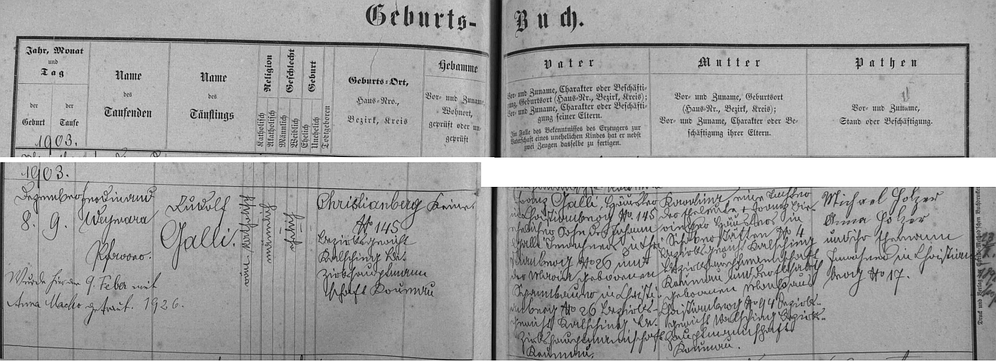 Záznam o jeho narození v křišťanovské matrice