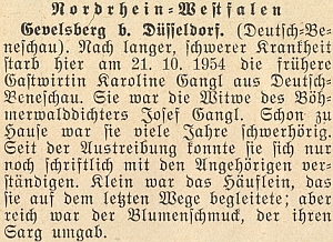 Jeho vdova podle této zprávy v krajanském měsíčníku zemřela v Gevelsbergu u Düsseldorfu (spolková země Severní Porýní-Vestfálsko) až v říjnu roku 1954, tedy plných 38 let po svém manželovi