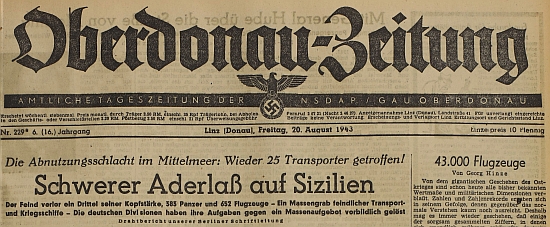 Originál oznámení v rakouských nacistických novinách a záhlaví listu  s titulkem úvodníku z téhož dne