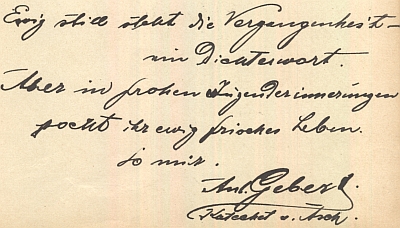 Jeho zápis v knize hostů zámečku Horní Staňkov, který patřil Gustavu Schreinerovi