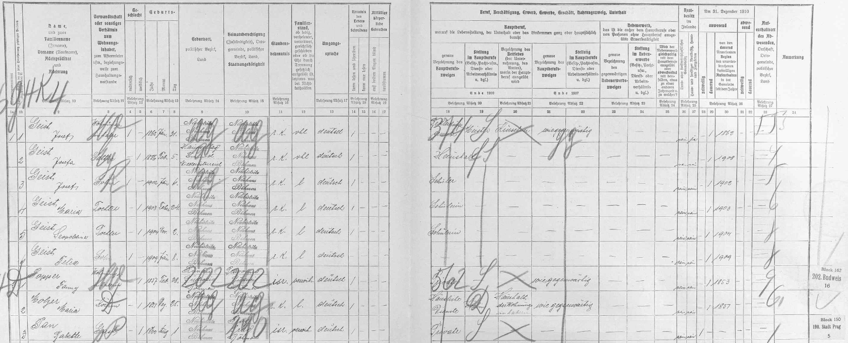 Arch sčítání lidu z roku 1910 pro dům čp. 335 v Nové Bystřici s rodinou Geistovou včetně syna Josefa