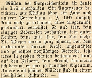 Zpráva o stavu obce Milov (zde psáno Müllau bei Bergreichenstein) v krajanském měsíčníku z února 1951 - louky černé spálené trávy, neposečené obilí, dveře i vrata zmizely, nikde živáčka