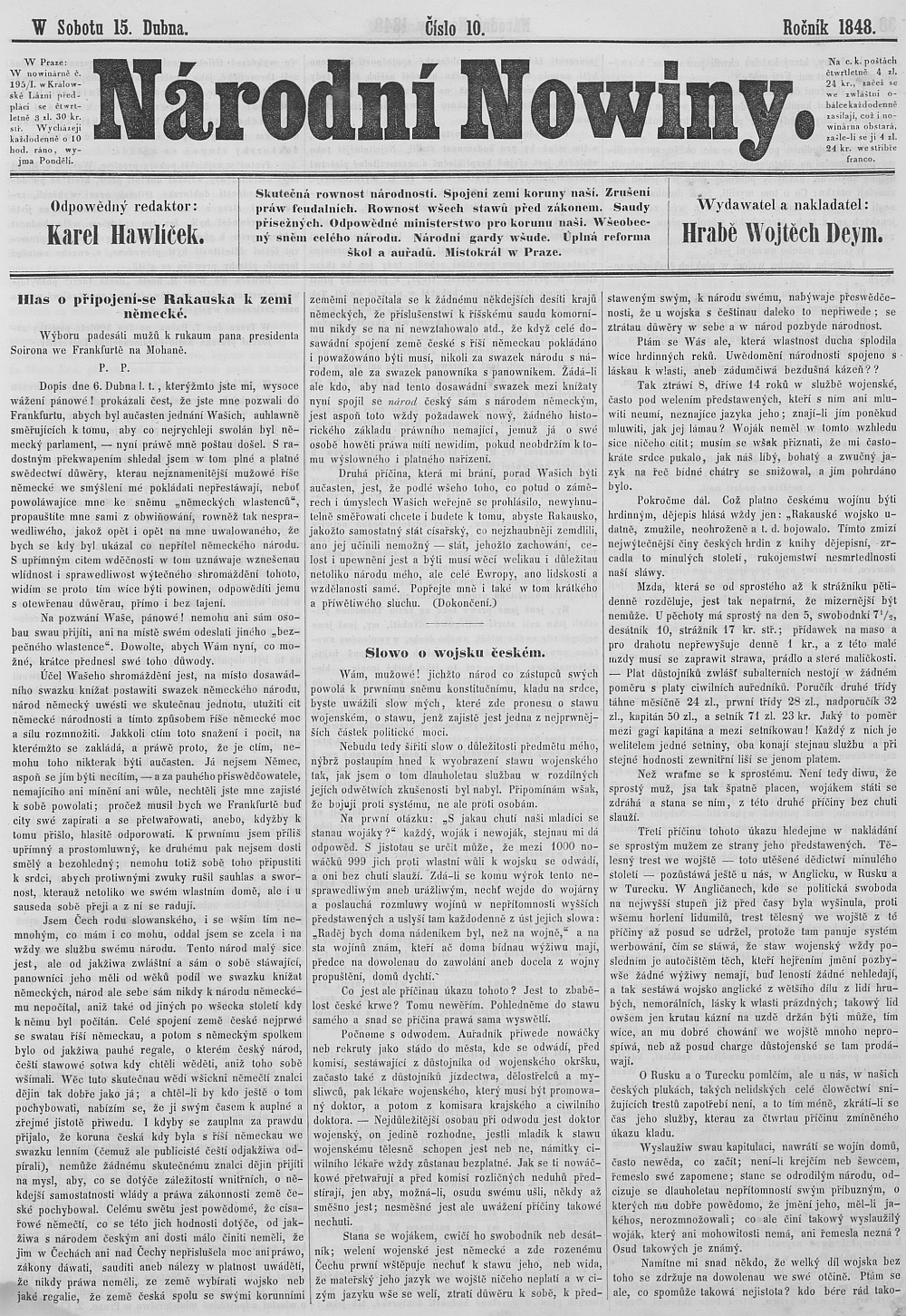 Havlíčkovy Národní noviny z 15. dubna roku 1848 s dopisem Františka Palackého do Frankfurtu jako úvodním svým textem