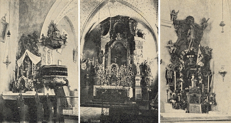 Tři oltáře farního kostela sv. Bartoloměje ve Ktiši: postranní mariánský, hlavnía vpravo ten boční ke cti sv. Floriana kdysi...