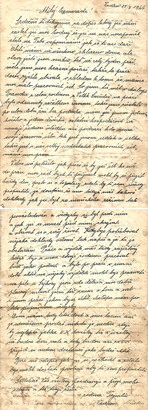 Česká, hluboce dojemná odpověď z roku 1946 na dopis Geyerova otce, když se do Čech dotazoval v době odsunu na možnost práce a setrvání