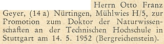 Blahopřání k jeho promoci na doktora přírodních věd ve Stuttgartu 14. května roku 1952
na stránkách krajanského měsíčníku