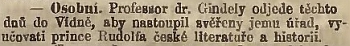 Zpráva Národních listů o Gindelyho pověření výukou prince Rudolfa české literatuře a historii