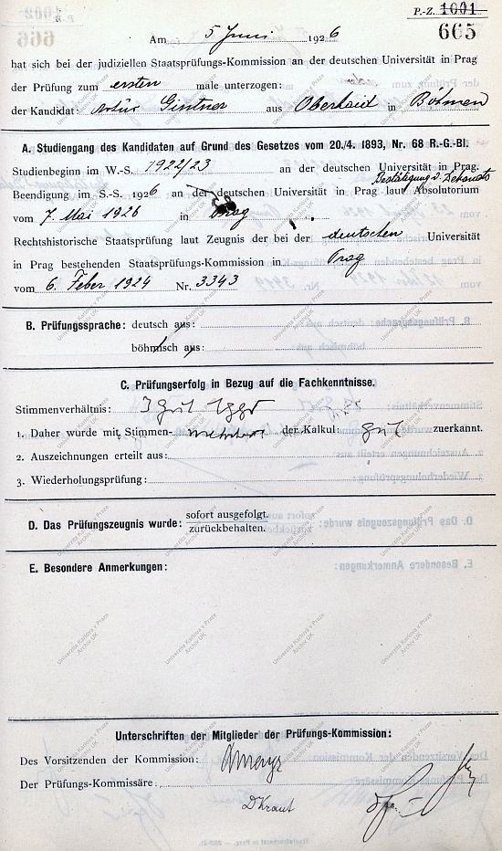 Jeho zkušební protokol z právnické fakulty pražské německé univerzity