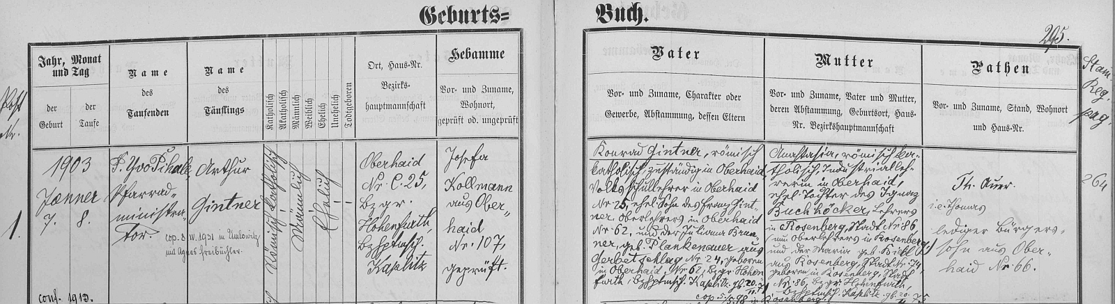 Záznam o jeho narození v hornodvořišťské matrice s přípisem o svatbě v Omlenici