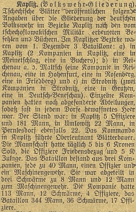 Zpráva o početních stavech "Volkswehru" v okrese Kaplice k 1. prosinci roku 1918