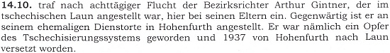 Zápis v pamětní knize farní obce Horní Dvořiště z října roku 1938 o jeho návratu k rodičům a k soudcovské funkci ve Vyšším Brodě