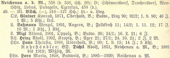 Učitelský sbor školy v Rychnově nad Malší ve výkazu stavu německého učitelstva v Čechách k roku 1928, kde lze vyčíst i místa jeho učitelského vzdělání, tj. České Budějovice a Linec