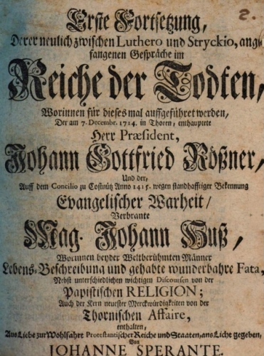 Titulní list jeho díla (1758) a stránka s Husovým životopisem