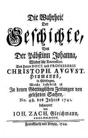 Titulní list a úvodní strana jeho jiné knihy o papežce Johanně