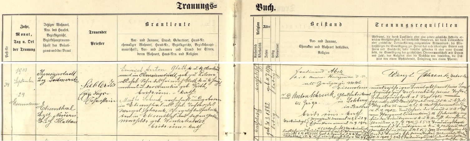 Záznam železnorudské oddací matriky o zdejší svatbě jeho rodičů dne 24. září roku 1903 - ženich Emerich Anton Gluth, c.k. nadporučík (v originále "k.k. Oberleutnant") v Terezíně (Theresienstadt), narozený v Plzni 4. července 1876, byl synem c.k. setníka (v originále k.k. Hauptmann) Heinricha Glutha a jeho ženy Amalie, roz. Veithové, nevěsta Martha Schrenková, narozená 31. března 1882 v Alžbětíně, byla dcerou zdejšího výrobce zrcadlového skla Wenzela Schrenka a jeho ženy Mathildy, roz. Winterhalderové - svatebními svědky byli c.k. námořní inženýr Ferdinand Abele a majitel sklárny v bavorském Lohbergu Anton Schrenk, zde i podepsaní spolu s s nevěstiným otcem Wenzelem Schrenkem, který tímto svým podpisem vyjadřuje souhlas se sňatkem své "nezletilé" dcery (zletilá by byla až ve svých 24 letech, tj. roku 1906)