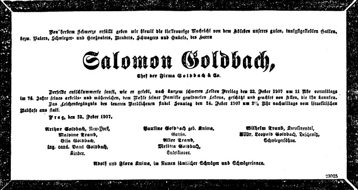 I její jméno najdeme na úmrtním oznámení dědečkově v Prager Tagblatt z února roku 1907