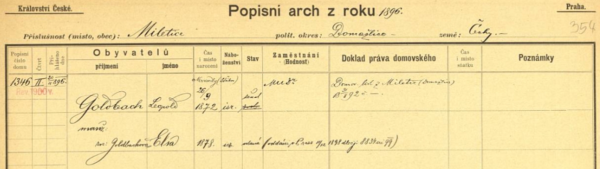 Data rodičů na popisném archu z roku 1886, vykazujícím jejich domovskou příslušnost k obci Miletice na Domažlicku