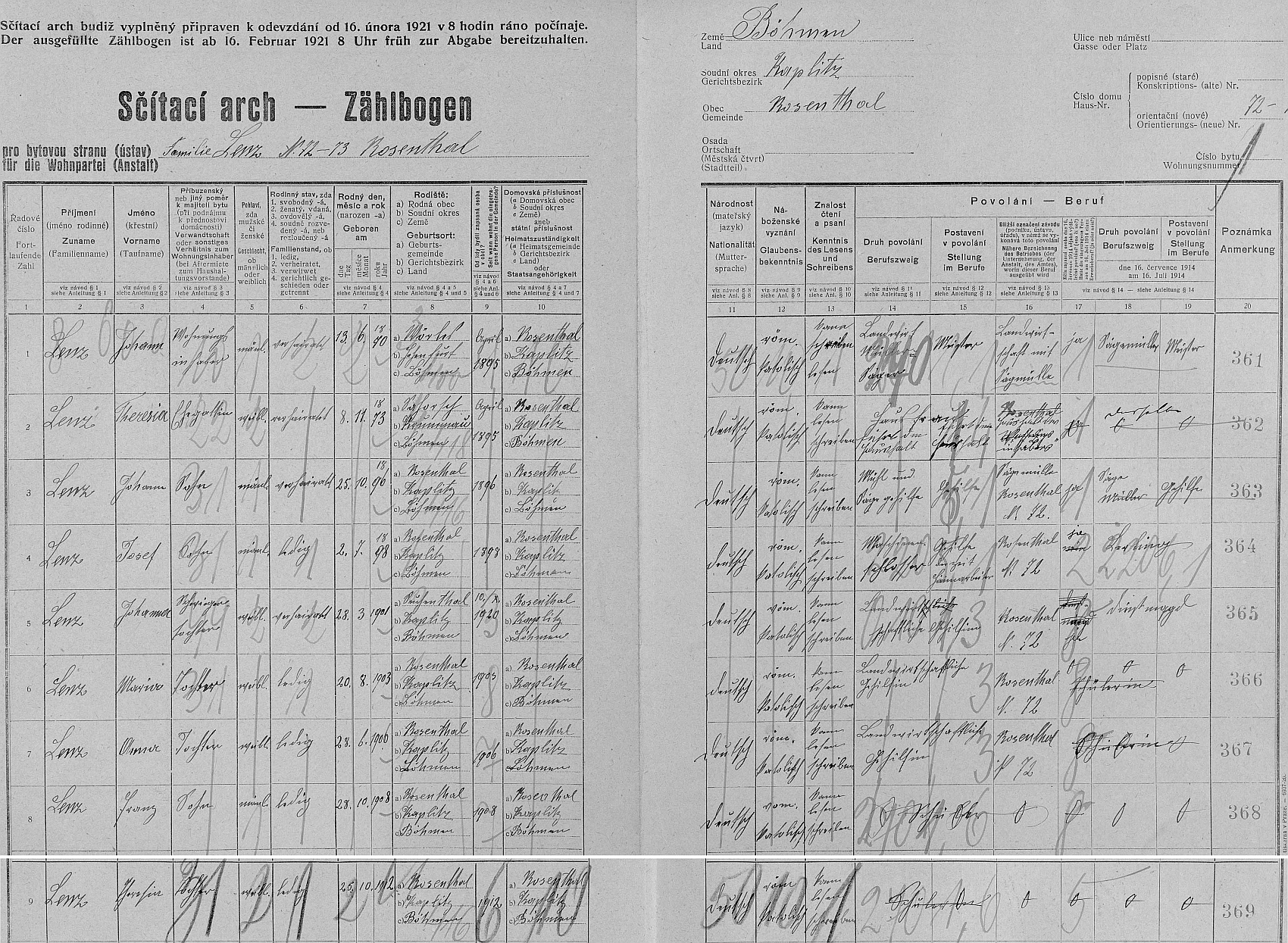 Arch sčítání lidu z roku 1921 pro stavení čp. 72 a 73 v Rožmitále na Šumavě s početnou rodinou Lenzovou