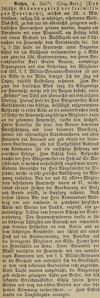Zpráva v v českobudějovickém německém listu o hasičské slavnosti, kde promluvil i on jako starosta města