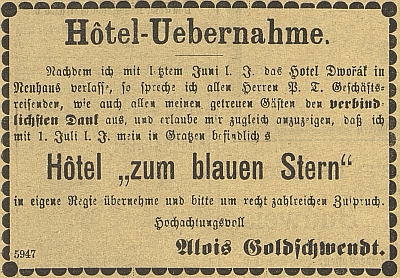 Inzerát, kterým oznamuje převzetí hotelu Dvořák v Jindřichově Hradci