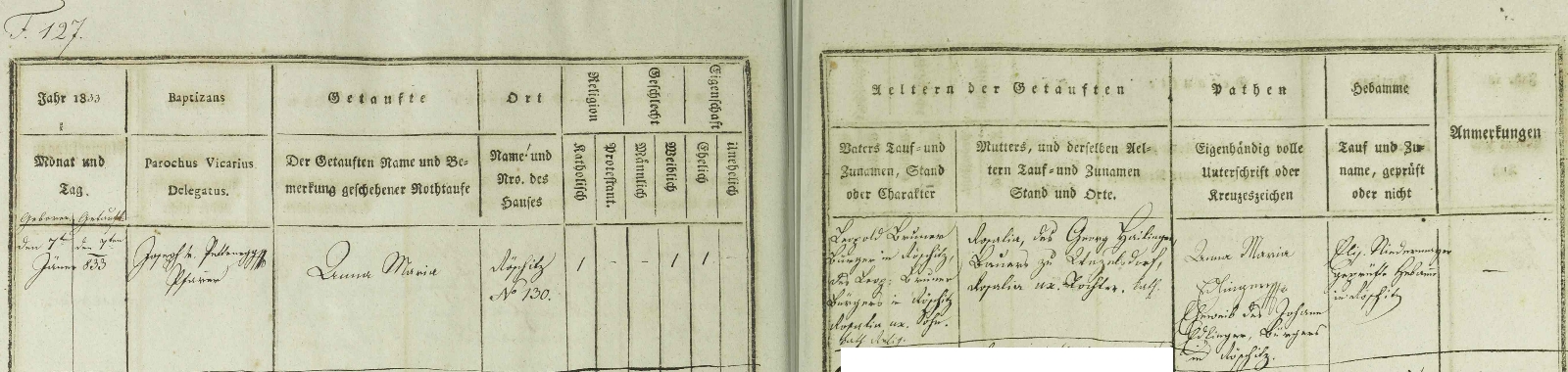 Záznam dolnorakouské matriky o narození jeho první ženy Anny Marie dne 7. ledna roku 1833 v městysi Röschitz ve vídeňské arcidiecézi