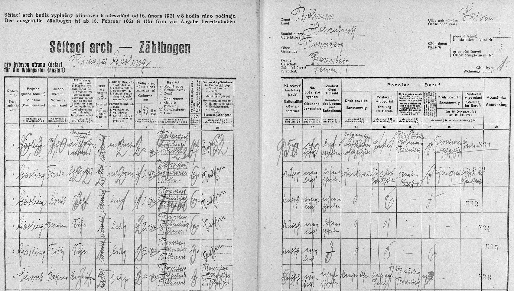 Arch sčítání lidu z roku 1921 pro byt č. 1 ve stavení čp. 3 na Latráně v Rožmberku nad Vltavou s rodinou Görlingovou i s ním