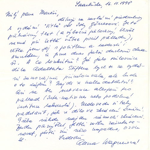 Dopis Aleny Wagnerové k mému návrhu na české vydání zkrácené verze Stifterova Vítka