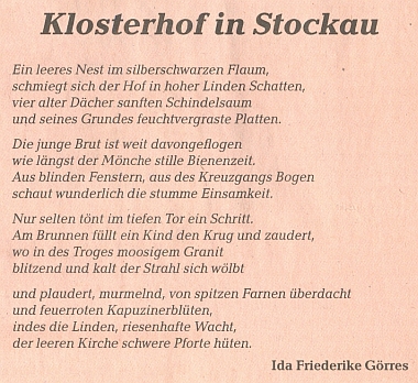 Její báseň o klášteře v Pivoni, jak vyšla na stránkách přílohy ústředního krajanského listu, věnované tomuto tématu