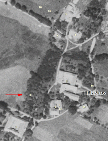 Ze srovnání leteckých snímků Blažkova z roku 1952 a 2008 překvapivě vysvítá, že na místě zaniklého rodného stavení vyrostla nová usedlost se zahradou
