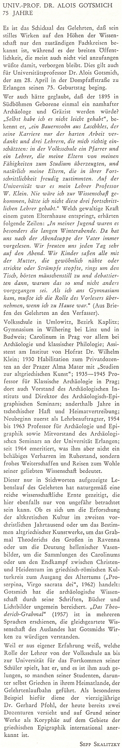 Pozdrav k jeho pětasedmdesátinám, jehož autorem na stránkách krajanského měsíčníku byl Sepp Skalitzky