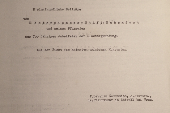 Titulní list jeho práce, uložené v klášteře Rein