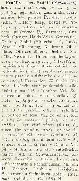 Heslo Prašily (zde krátce), česky i Prášil (to podle "rodu" potoka), v Úplném místopisném slovníku království Českého (1895), které zmiňuje i zdejší pivovar, objem jeho várky a roční produkci