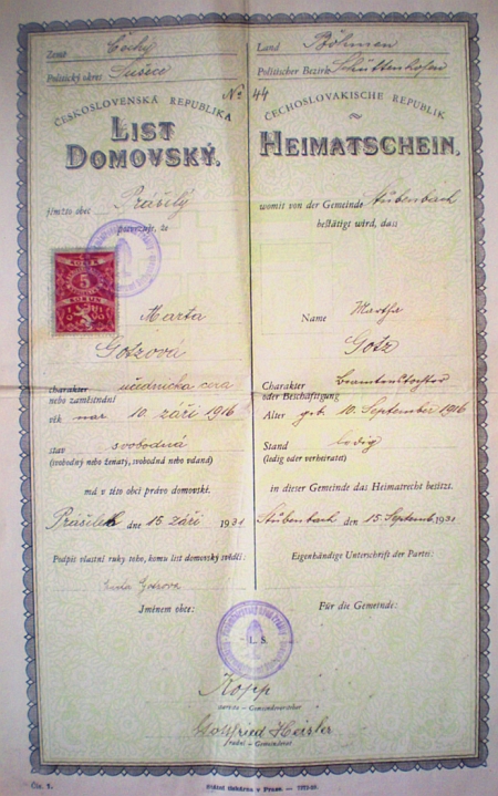 Domovský list Marty Gotzové, maminky Blanky Marešové, vystavený v Prášilech roku 1931