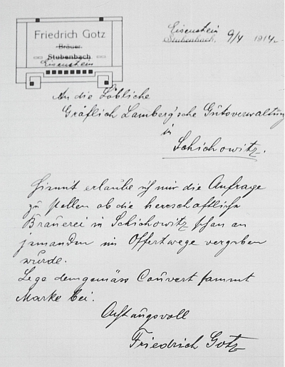 Dopis Friedricha Gotze s přepsaným záhlavím dopisu, odeslaný roku 1914 ze Železné Rudy hraběcí lamberské hospodářské správě v Žichovicích