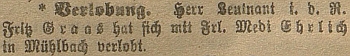 Pokud nejde o shodu jmen, vidíme tu v litoměřických německých novinách oznámení jeho zásnub se slečnou Medi Ehrlichovou...