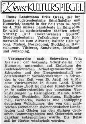 V dubnu a červnu 1953 referuje Sudetendeutsche Zeitung o Graasově návštěvě vyhnaných krajanů ve Švédsku...