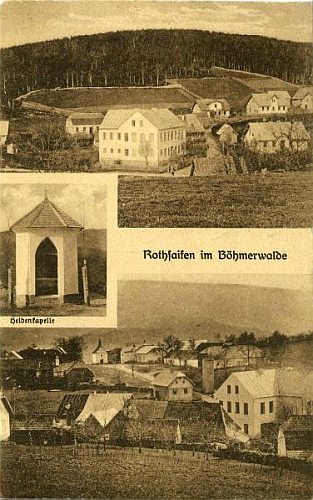 Na složené pohlednici Červené dominuje škola oběma pohledům