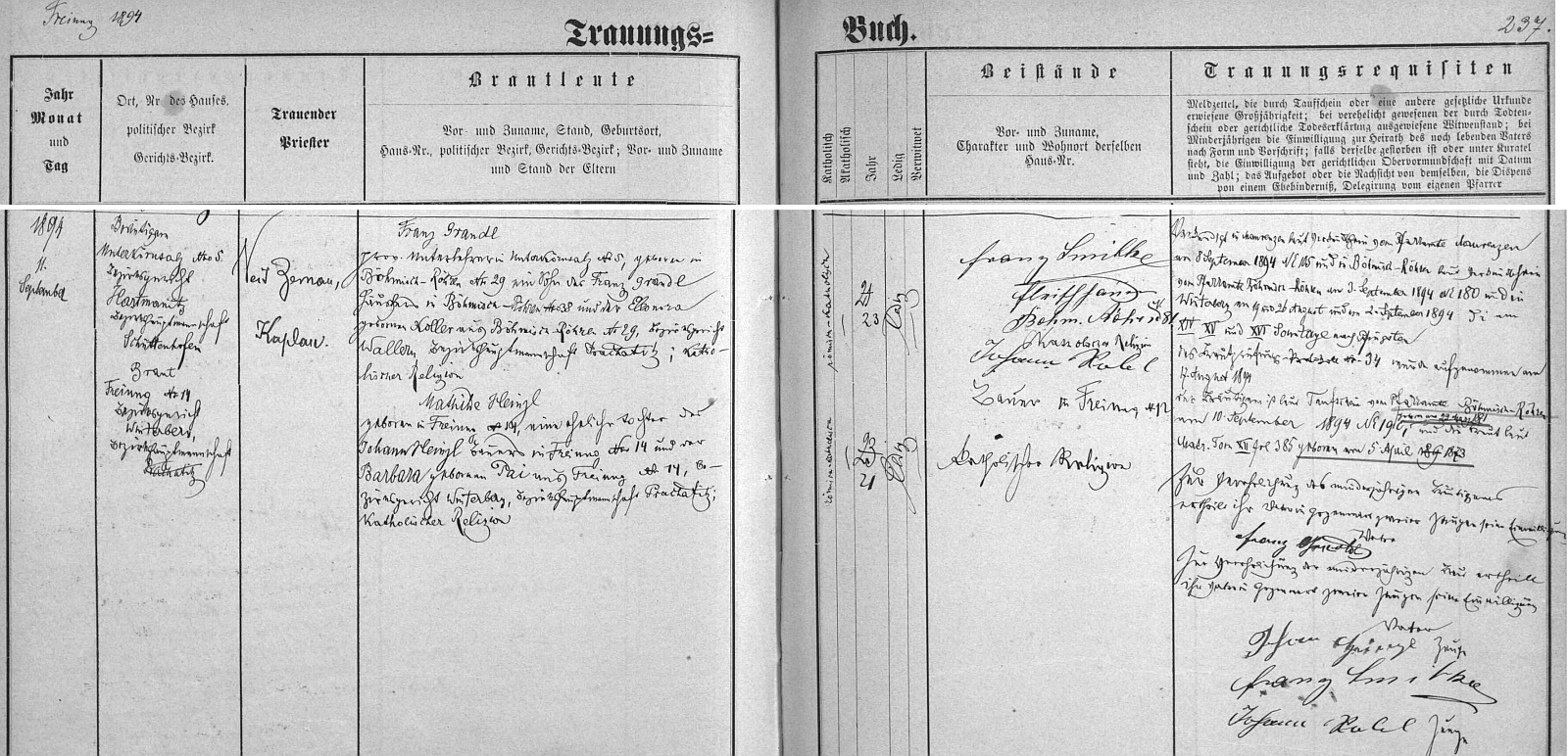 Záznam o první svatbě ve vimperské knize oddaných