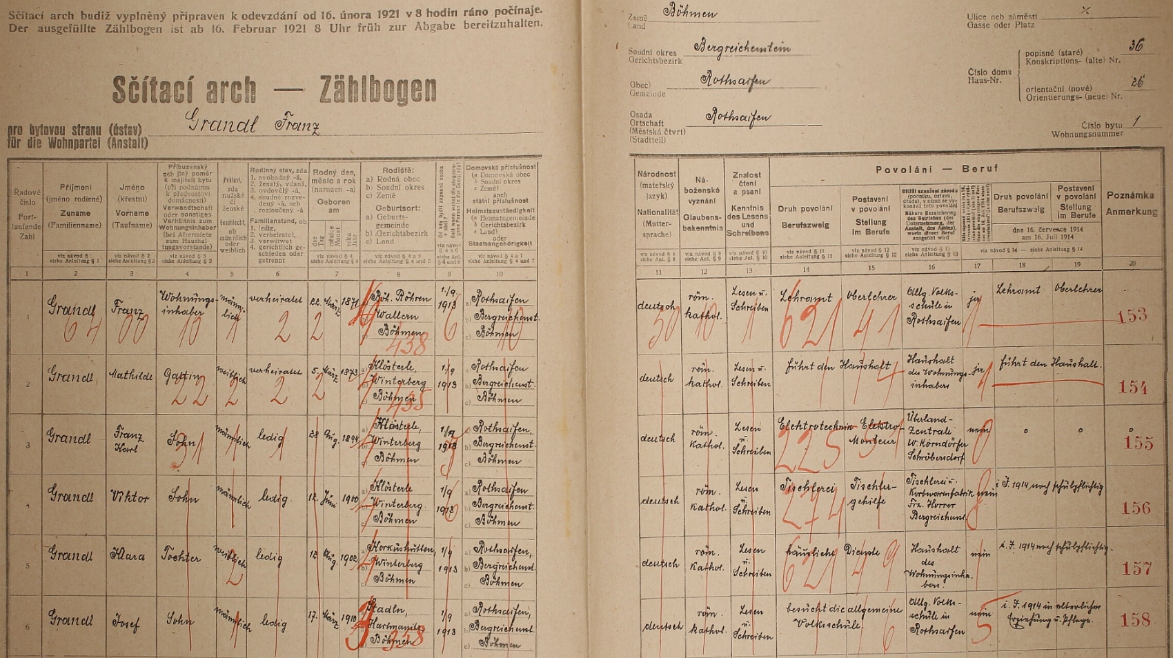 Arch sčítání lidu z roku 1921 pro školu v Červené