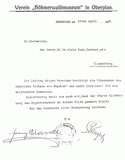 Děkovný dopis děkanu Esslovi ze Zvonkové za hornoplánský spolek "Böhmerwaldmuseum" s podpisem Franze Grantla