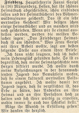 V dopise se vyjadřuje ke své rukopisné knize o Frymburku, která se dočkala až později knižního vydání